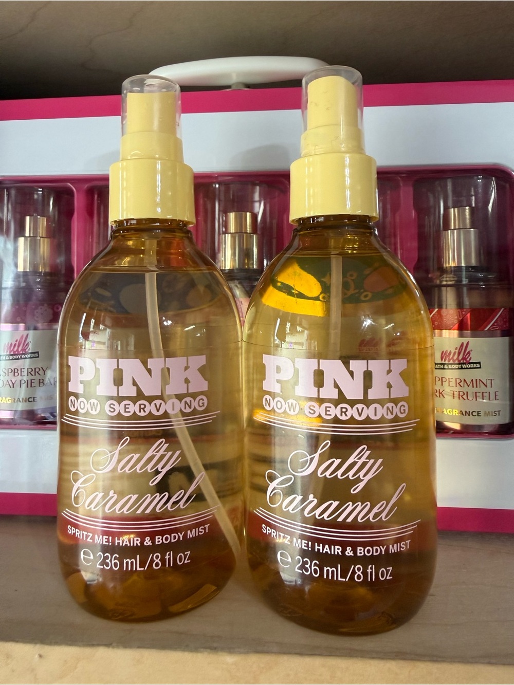 2 PINK Victoria's Secret Salty Caramel Hair & Body Mist - Yellow